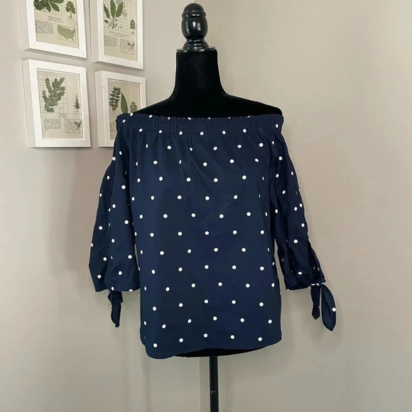 H&M LOGG Navy and White Polka Dot Off Shoulder Top - Picture 1 of 8
